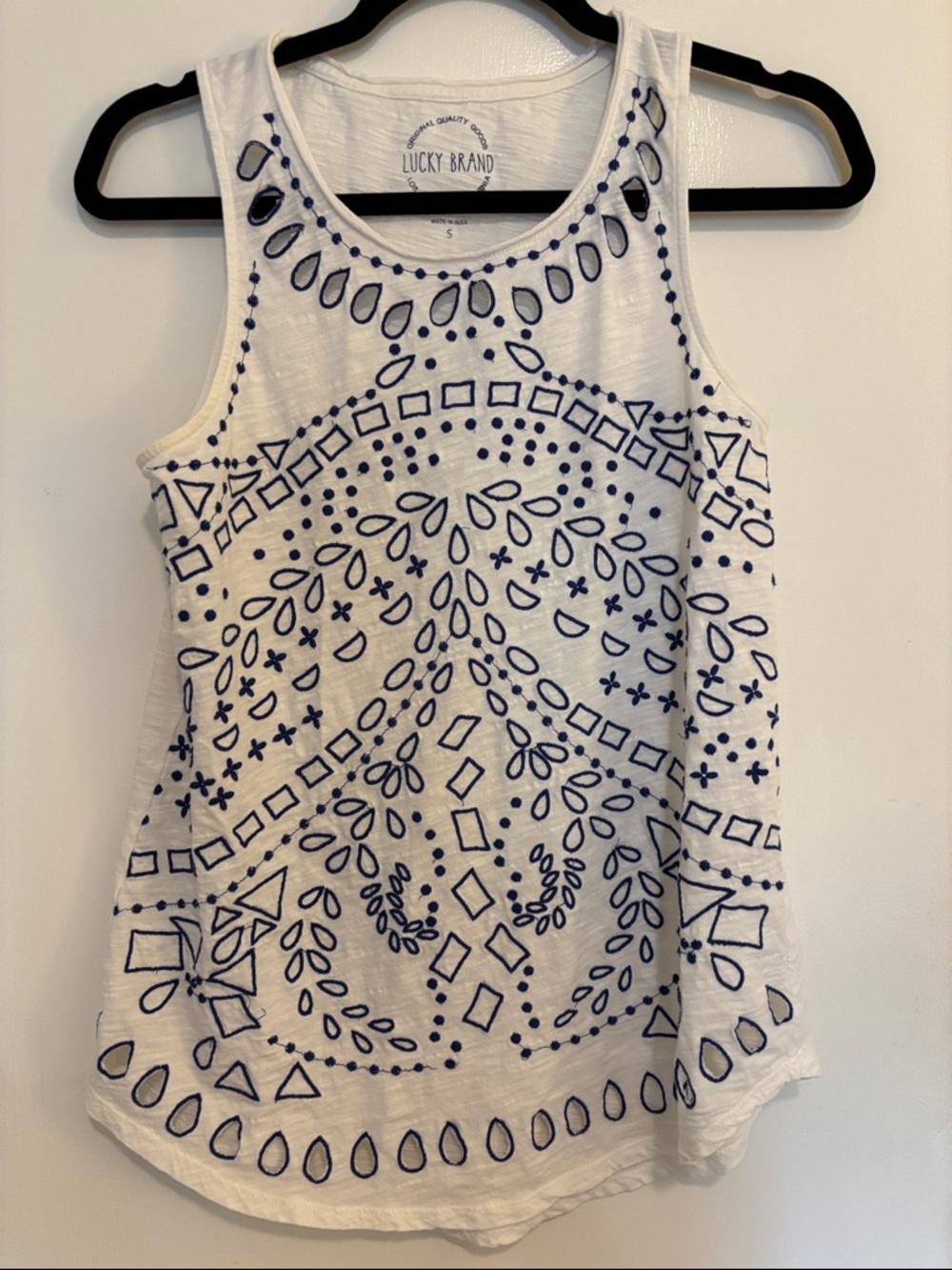 Lucky Brand White Tank with Navy Eyelet Embroidery